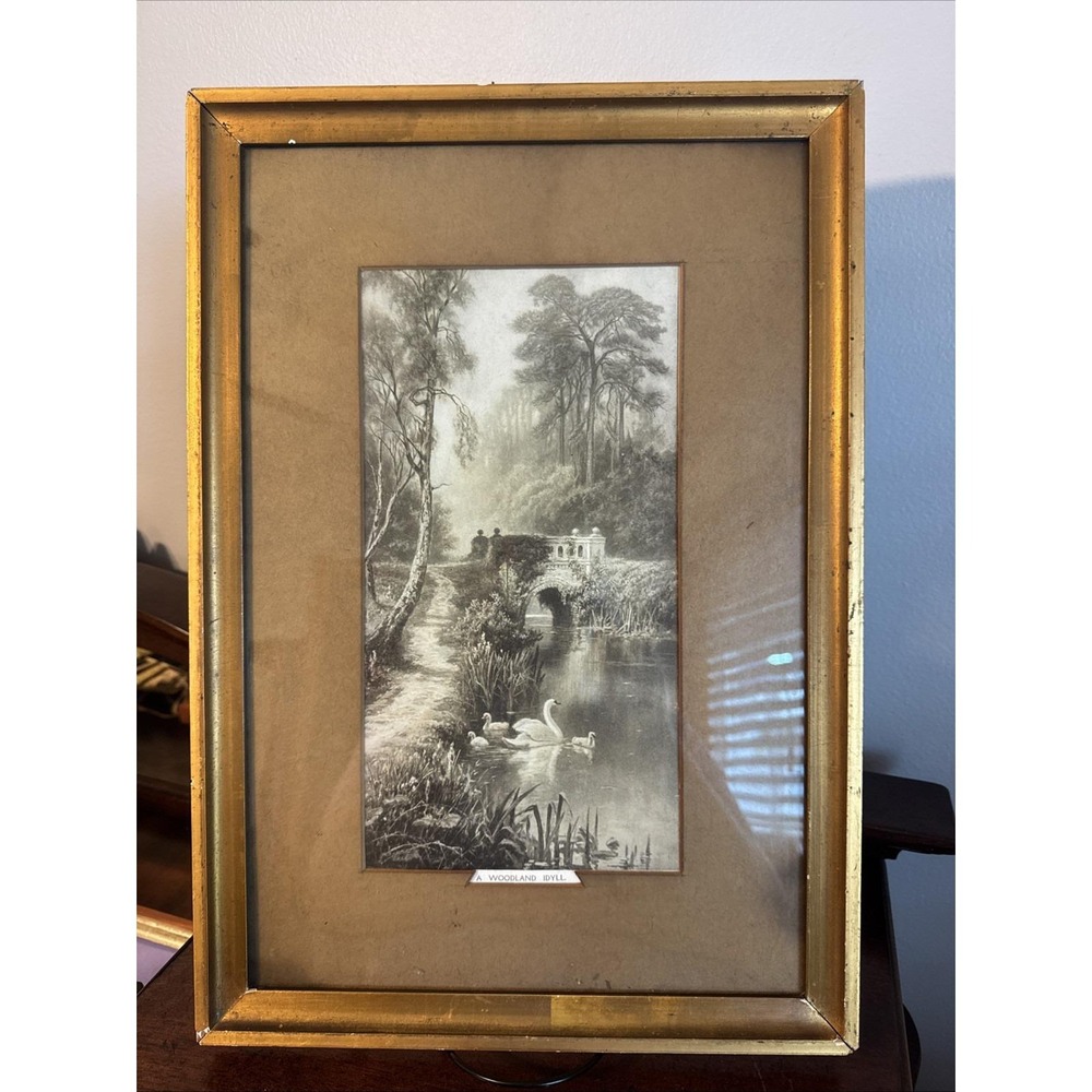 Antique Framed Art "A Woodland Idyll" Swans Bridge Foliage 18.5"x13"